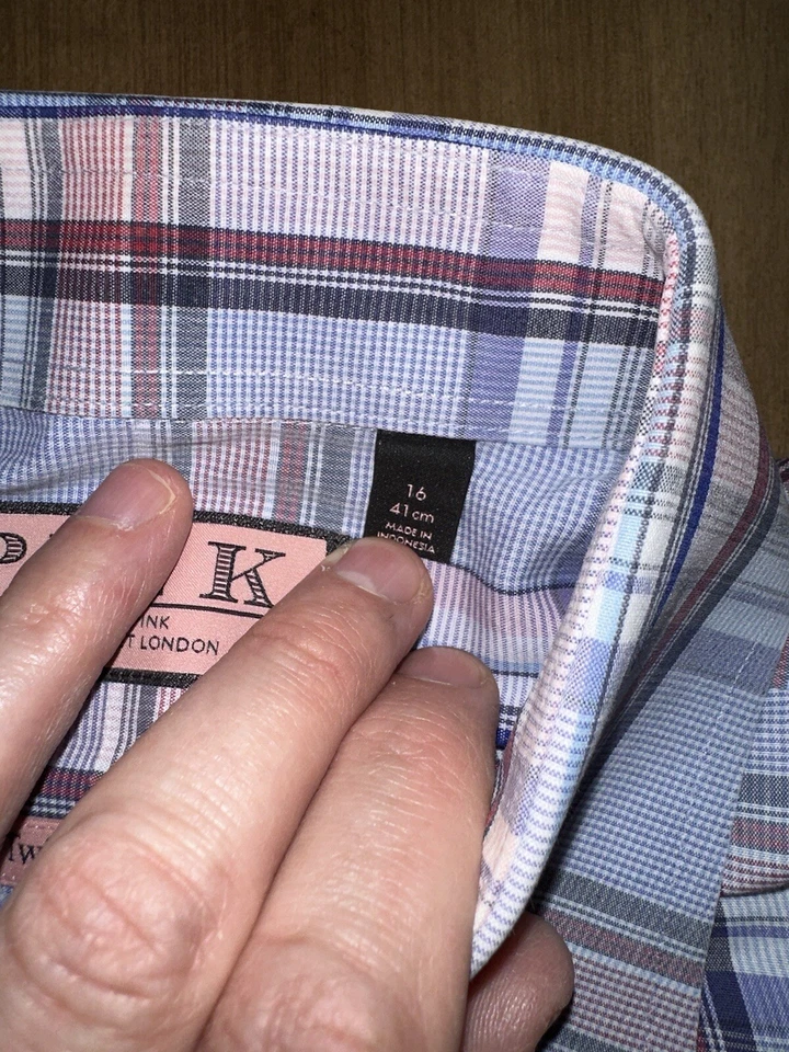Thomas Pink Shirt Mens 16 41cm Blue Pink Plaid Twin Collection Button Up - Image 3 of 4