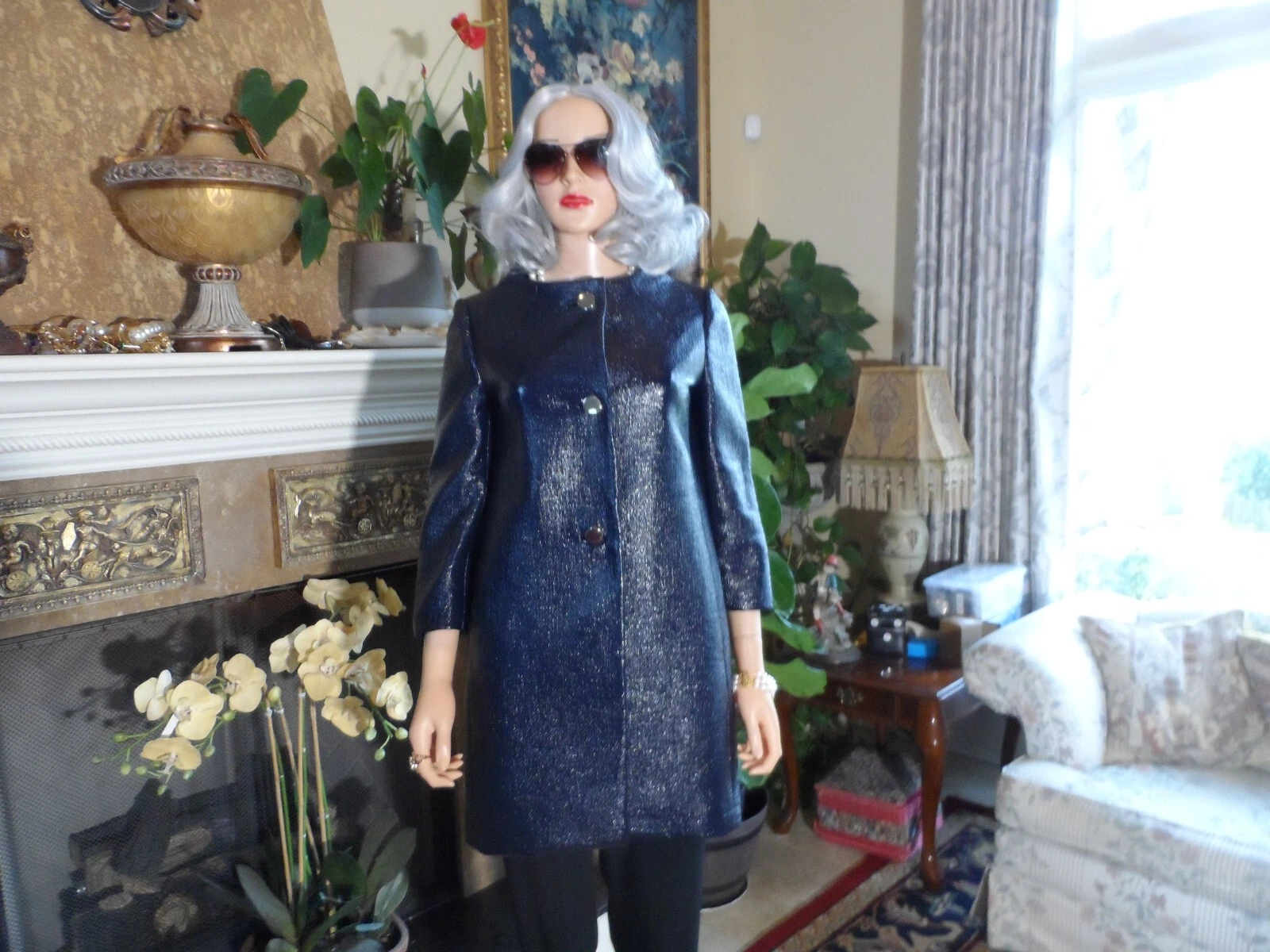 Cappotto Kate Spade blu scuro rivestito cotone bottoni davanti taglia 2 nuovo