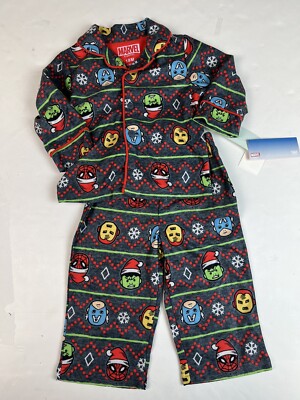 AME Boys Marvel Super Hero Santa Hat 2 Piece Pajama Set Button Down NWT