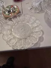 Vtg MCM Hobnail Clear Glass Deviled Egg Plate Solid Thick Glass Scallop Edge