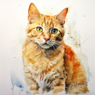 Watercolor Orange Cat Painting Art Print 8x11 inch