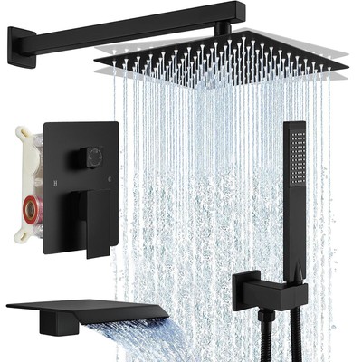 Cobbe KSA013 Black Complete 12 inches Rainfall Shower Head Faucet Combo Set 