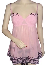 Y2K LOLITA PINUP 2pc RAMPAGE PINK MESH RUFFLE BABYDOLL NIGHTIE+THONG PANTY M NEW