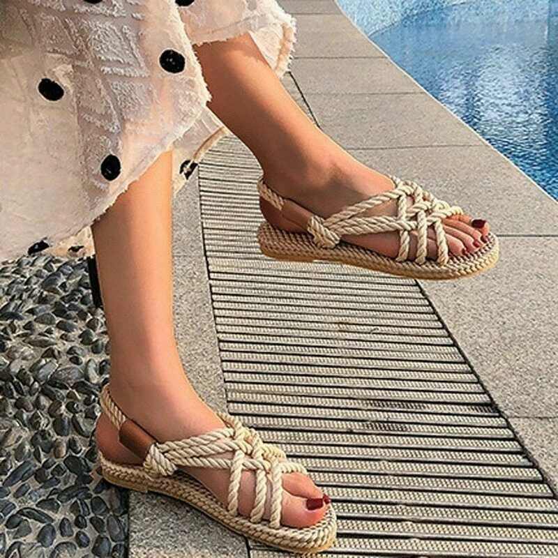 Verano Mujeres Sandalias Trenzadas Sin Cordones Moda Cuerda Informal Playa Pisos Zapatos Nuevos Foto 4 de 4