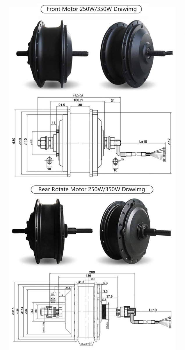 Ebike Brushless Hub Motor with Waterproof 9 Pin Connector 36V/48V