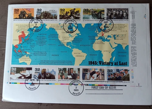 WW2 1945 VICTORY IWO JIMA GERMANY & JAPAN SURRENDER HOLO 10 STAMP SHEET 1995 FDC