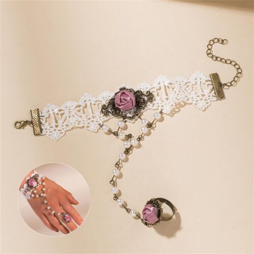 Gift Finger Hand Chain Black Lace Rose Flower Bangle Lace Bracelet with Ring - Picture 1 of 14