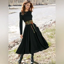 Peruvian Connection Anna Dress Black Fit & Flare Midi Cotton Jersey Pockets M