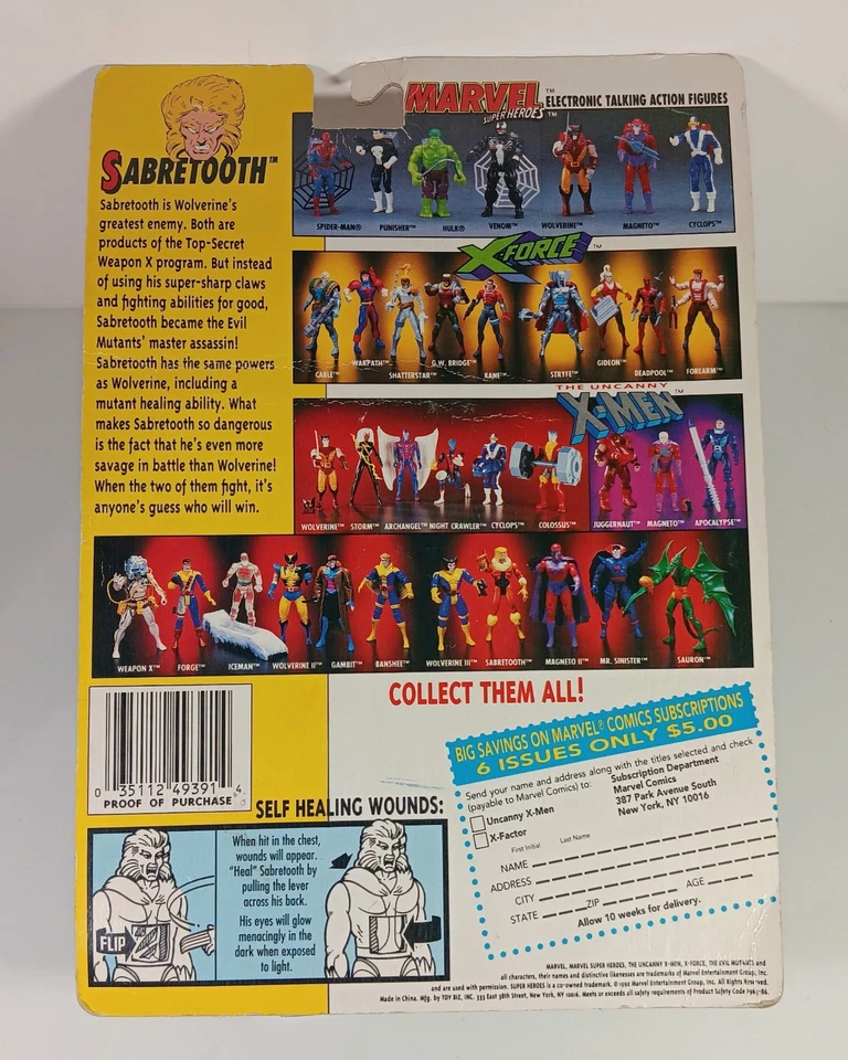 Heridas autocurativas de dientes de sable (1993) X-Men MARVEL COMICS Leyendas Toy Biz "MOC" Foto 2 de 4