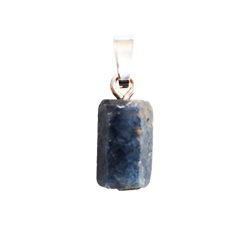 Pendentif saphir bleu en pierre brute véritable et bélière en argent massif