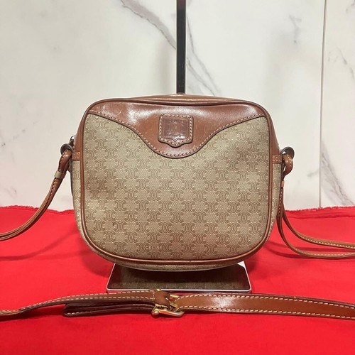 CELINE Macadam Triomphe Brown Leather Shoulder Bag Vintage Italy Authenticated
