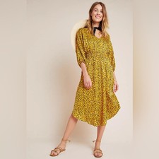 Anthropologie Marigold Yellow Floral Smocked Midi Dress Size Medium M