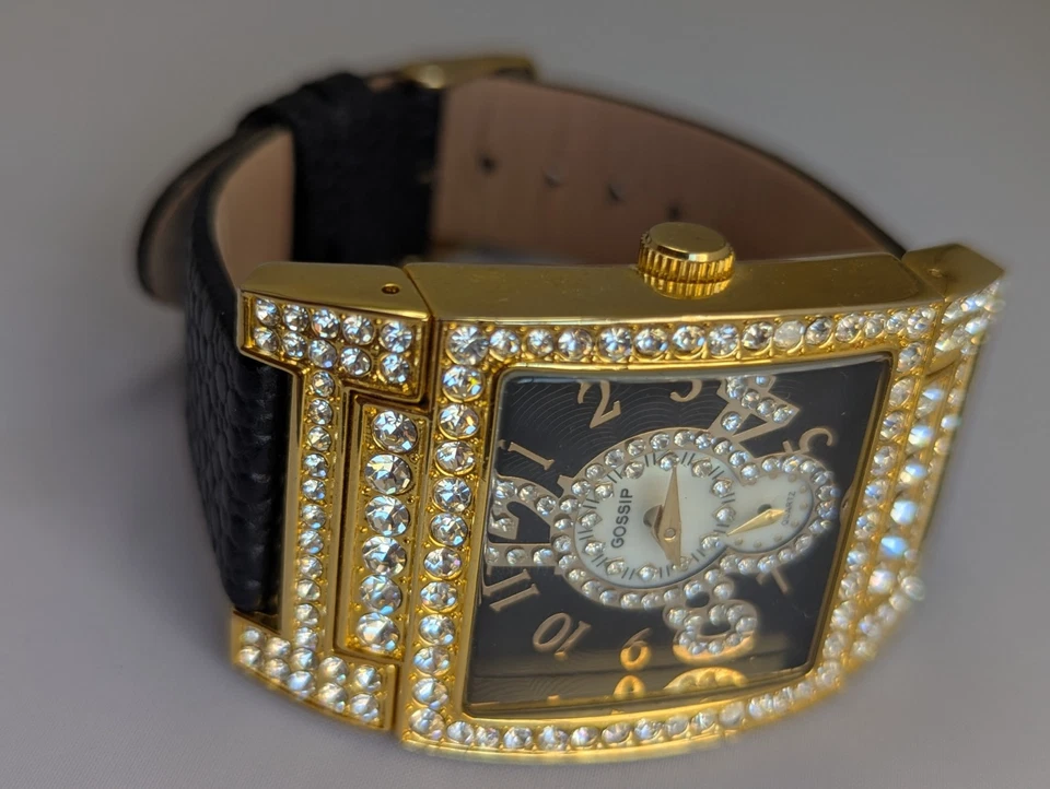 Reloj de cuarzo para mujer Gossip GSP684 Bejeweled 35 mm tono dorado correas de cuero negro Foto 4 de 4