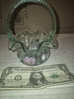 FENTON Art Glass Signed M. Wagner Green Basket Hand Painted With Purple Flowers
