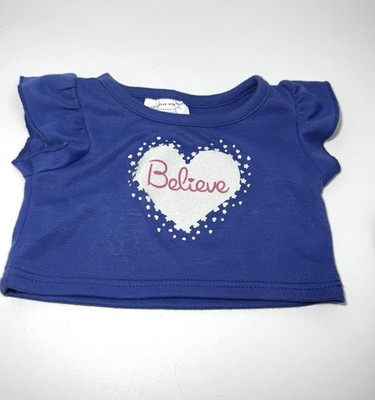 Build A Bear Blue Believe White Glitter Heart Girl Teddy T-shirt Outfit