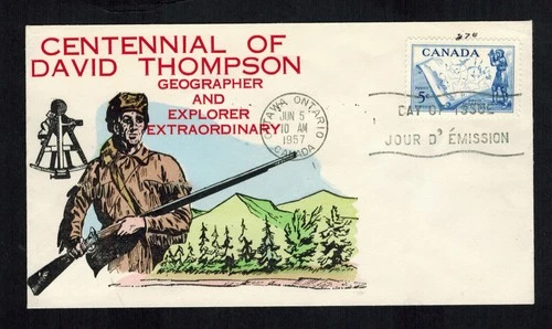 Canada #370, 1957 5¢ David Thompson, Overseas Mailers Cachet, VF
