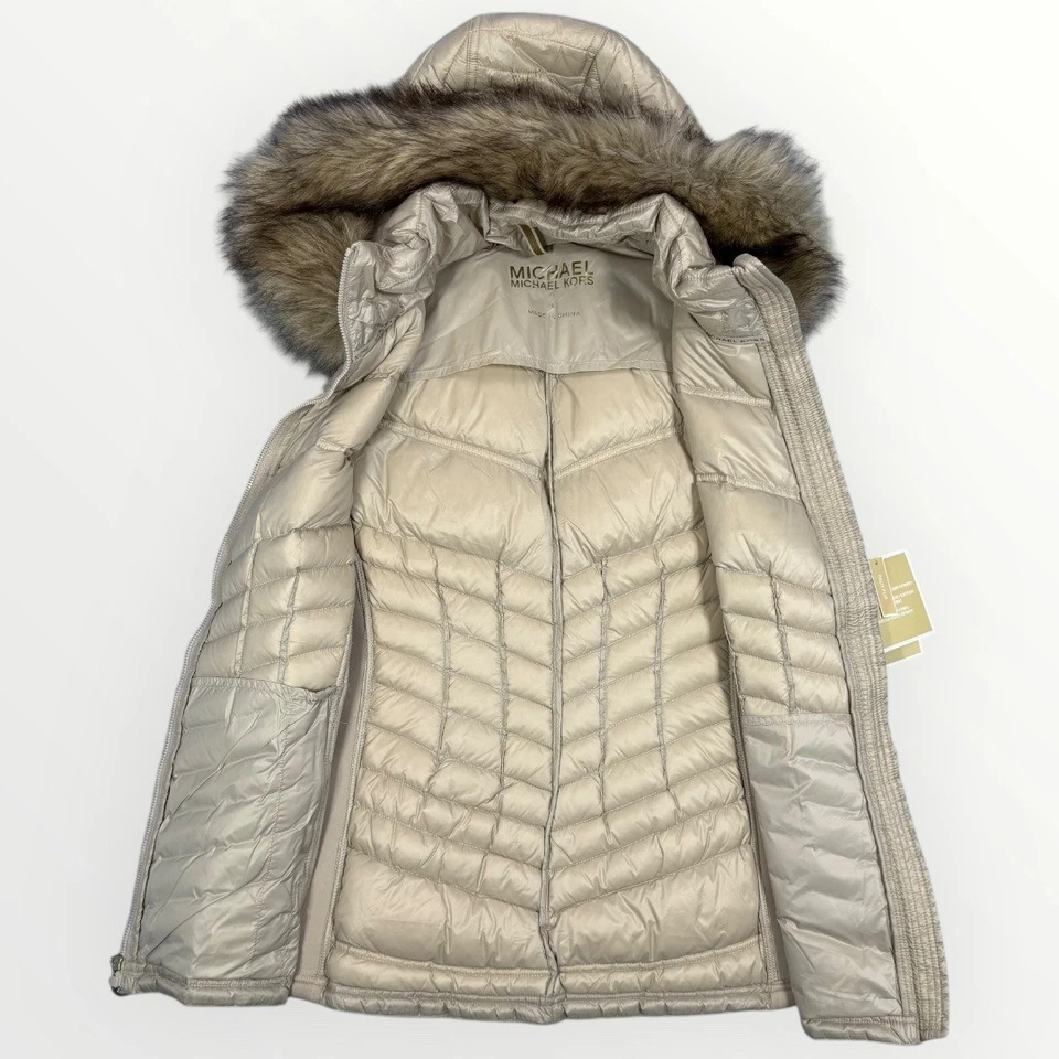 Michael Kors Puffer Vest Hooded Faux Fur Trim Champagne Gold Metallic Size L - Image 3 of 4