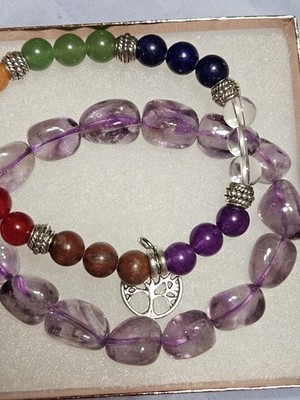 2 Natural Crystal Beaded Bracelets 7 Chakra Charm ,Tree Of Life & Amethyst 