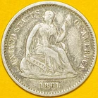 1861 U.S. SEATED LIBERTY SILVER HALF 1/2 DIME 5c COIN (Fine), Civil War Era!