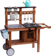 Mud Kitchen for Kids Outdoor with Wheels, Fun Wooden Kid Kitchen Playset for Bac