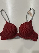 Victoria’s Secret Red & Black Checked Plunge Push Up Bra Sz 34B NWT Grey Straps