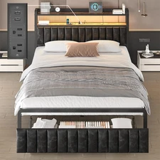 Full Queen Size Platform Bed Frame with Storage Drawer, Charging Headboard, LED
