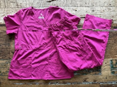 ADAR Medical Scrubs Set - Hot Pink Mock Wrap Top & Elastic Waist Cargo Pants
