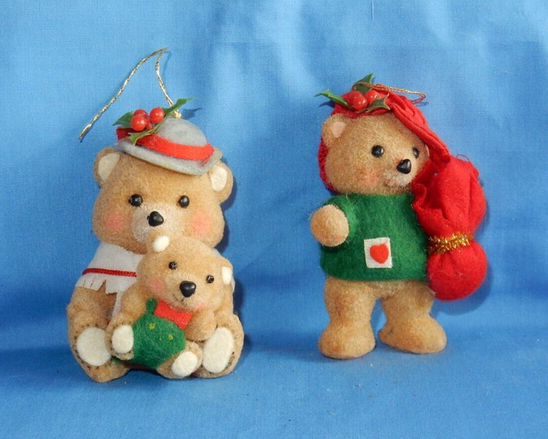 Vintage Morgan Inc Plastic Flocked Bears Mama & Baby & Teddie Christmas Ornament
