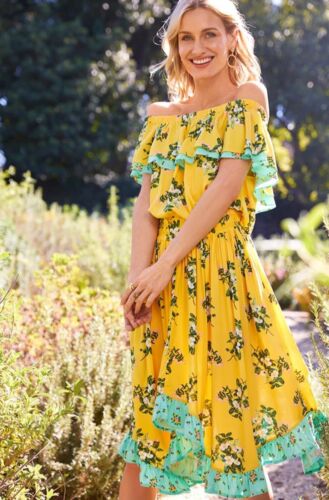 MATILDA JANE Hooked on a Feeling Yellow & Aqua Off Shoulder Dress Size Xs EUC - Picture 3 of 4