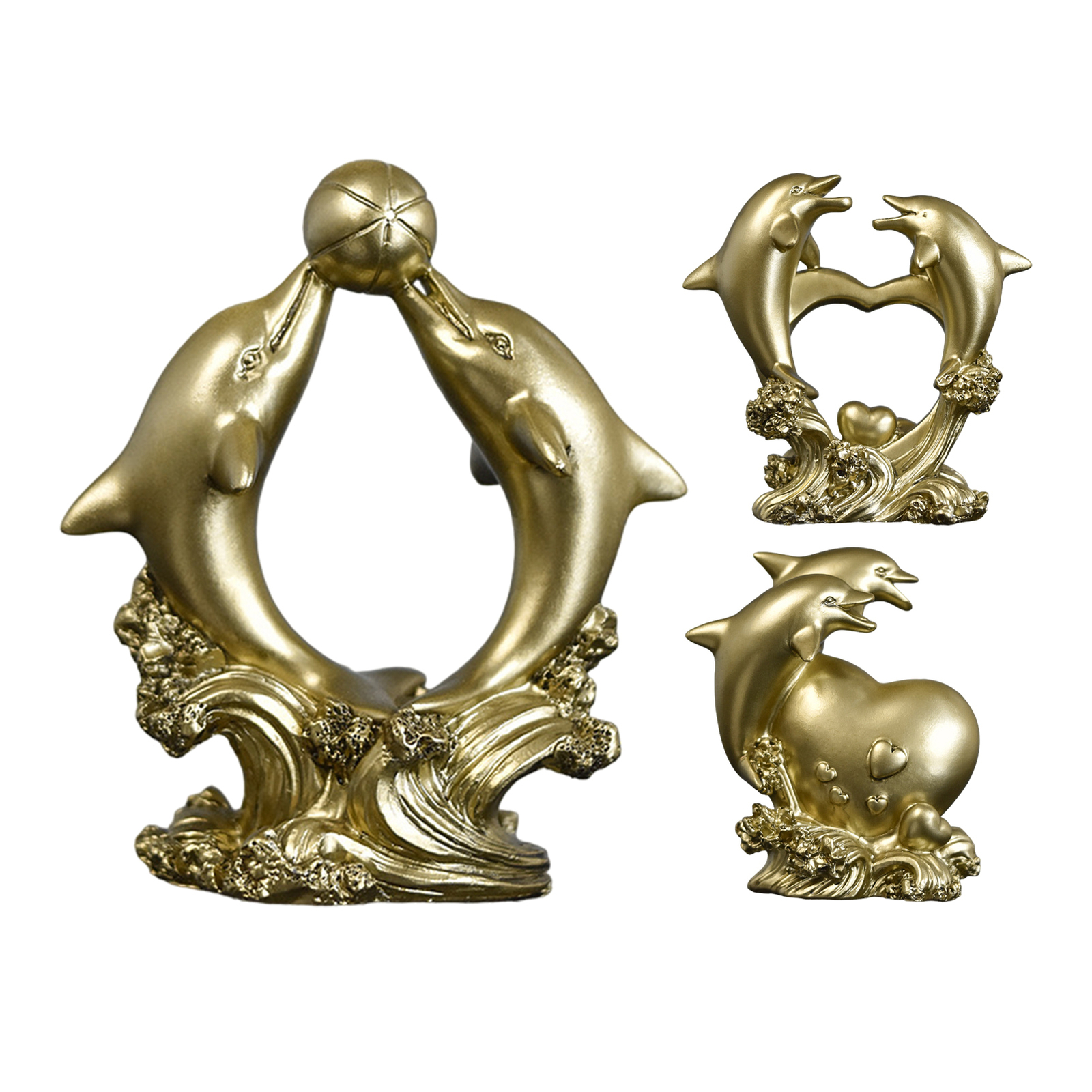 Resin Double Dolphin Statue Golden Sculpture Home Desktop Display Ornaments