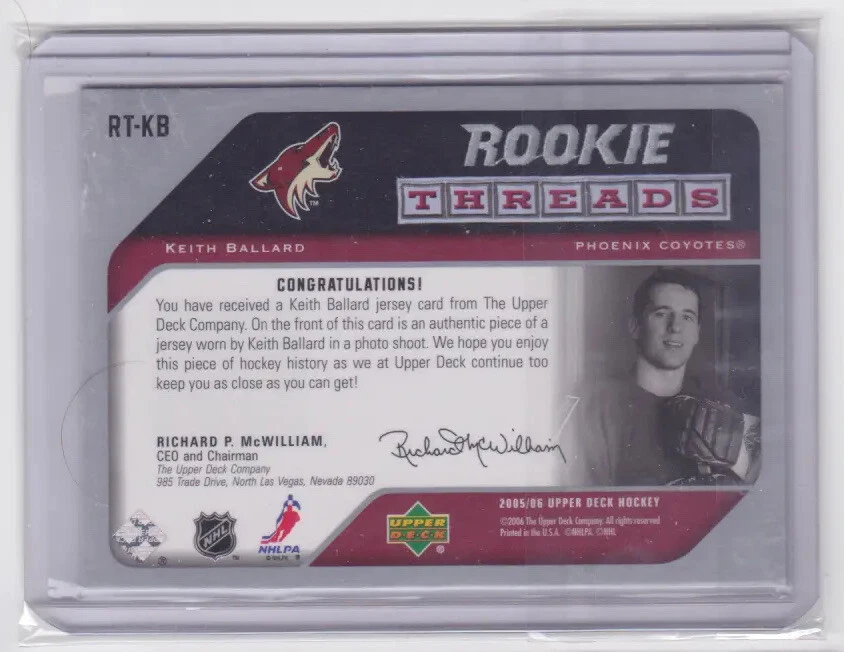 2005-06 UPPER DECK HOCKEY ROOKIE THREADS KEITH BALLARD #RT-KB ARIZONA COYOTES - Image 2 of 2