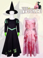 Kids Wicked Wizard Cosplay Costume Girls Glinda Pink Dress Elphaba Dress Hat 