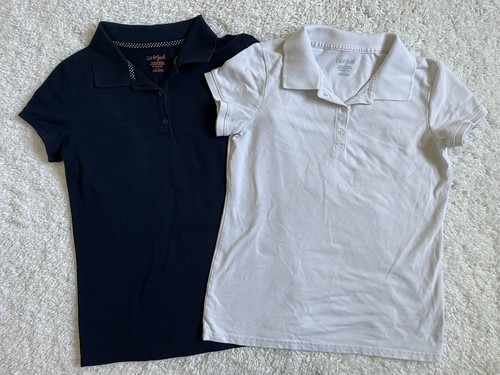 2 Cat & Jack Girls School Uniform Polo Shirt Sz XL 14/16 White Navy Blue