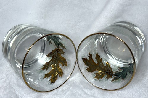 2 Vintage Libbey Golden Oak Leaf Lowball Glass MCM Bar Ware Gilded 24kt - Picture 8 of 8