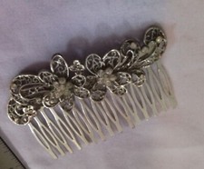 Vintage Silver Tone Floral Hair Comb With Rhinestone Accents