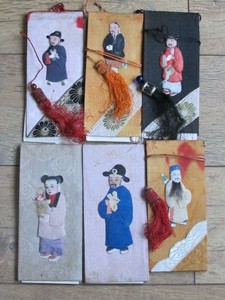 Unusual Antique Asian Chinese Silk And Paper Figures Bridge Scorer Set of Six