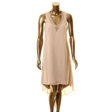 VINCE CAMUTO Women's Light Brown Embellished-v-neck Hi-lo A-Line Dress 8 TEDO