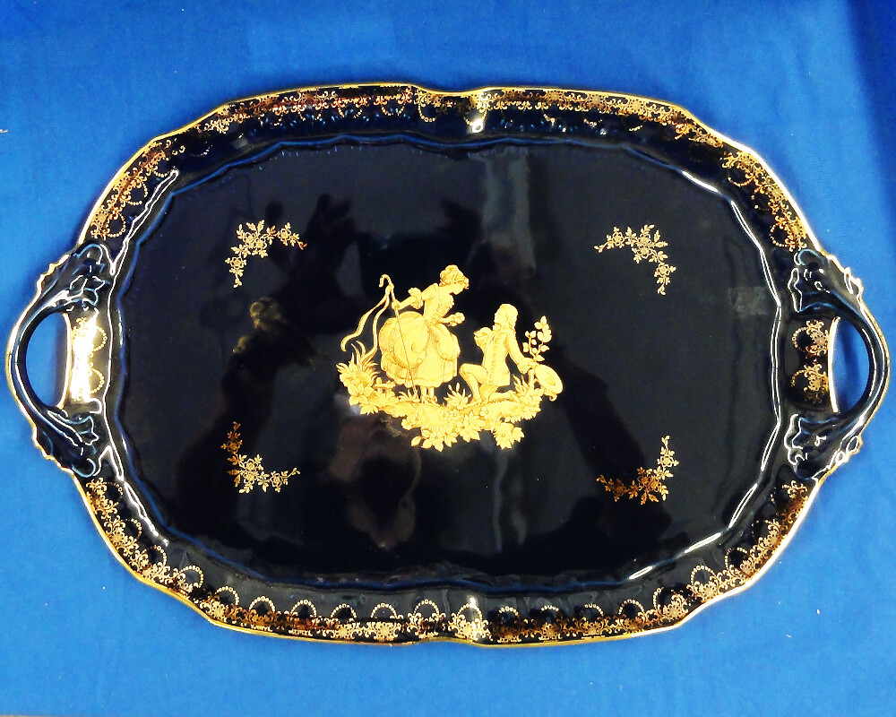 LIMOGES ARTISANAL Gold & Cobalt Oval Handled Platter 16.75