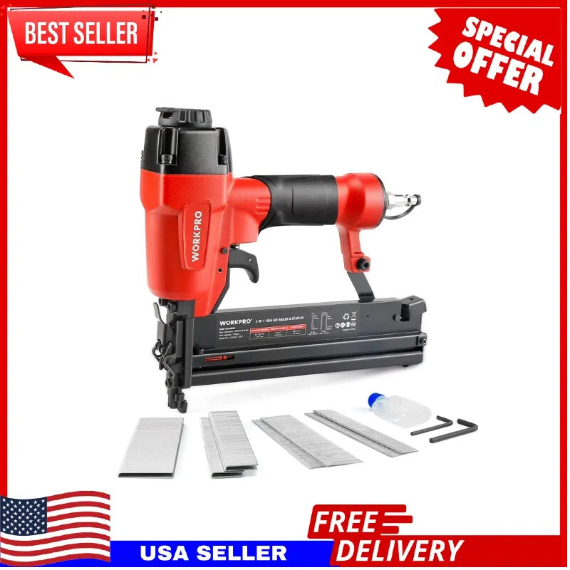 New 18 GA 2 in 1 Pneumatic Brad Nailer Nail Gun Crown Stapler W/400pcs