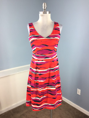 Anne Klein S 4 p Red Pink Navy Wave Stripe A Line Flare dress Work Cocktail  | eBay