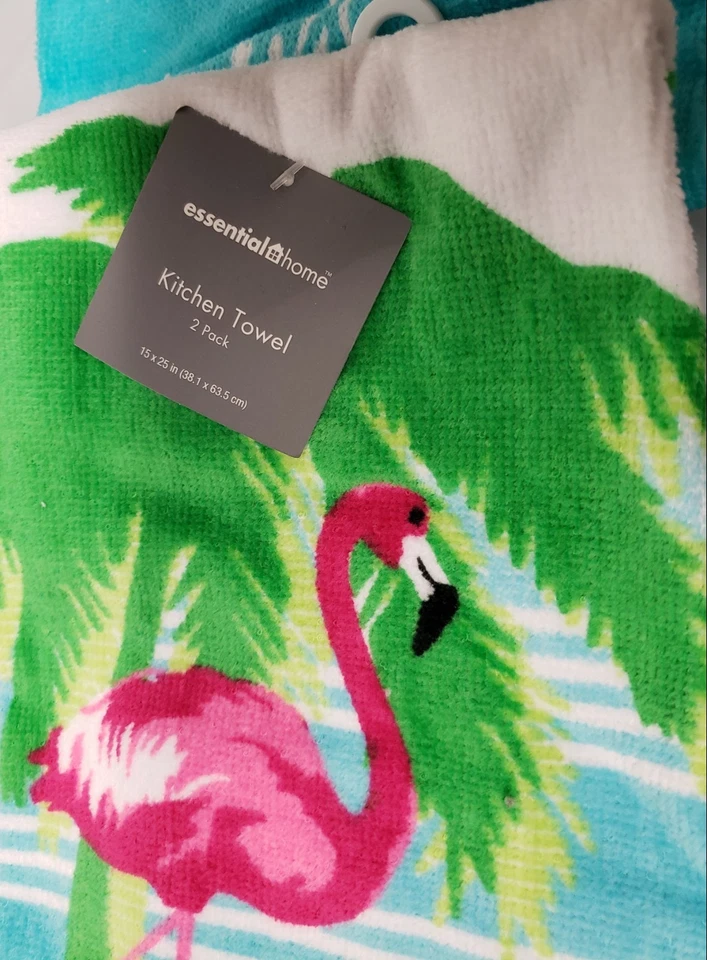 JUEGO DE 2 TOALLAS DE FELPA DE COCINA IMPRESAS DIFERENTES (15"x25") FLAMENCOS Y PALMERAS, EH Foto 4 de 4