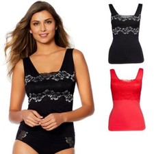 Rhonda Shear Lace-Overlay Tank with Shelf Bra 2-pack in Black/Red 605-017,Size M