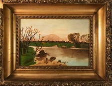 CT River; The Oxbow Northampton MA Antique Framed Naive Oil on Academy Board 