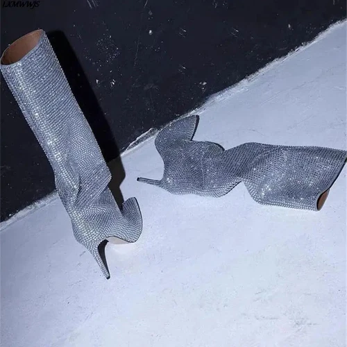 Women Sexy Shiny Rhinestone Knee High Boots Pointed Toe High Heels Stiletto Pump - Bild 5 von 36