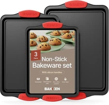 Baking Pan Set – 3 Piece Cookie Sheet – Deluxe Black Non-Stick Carbon Steel – Si
