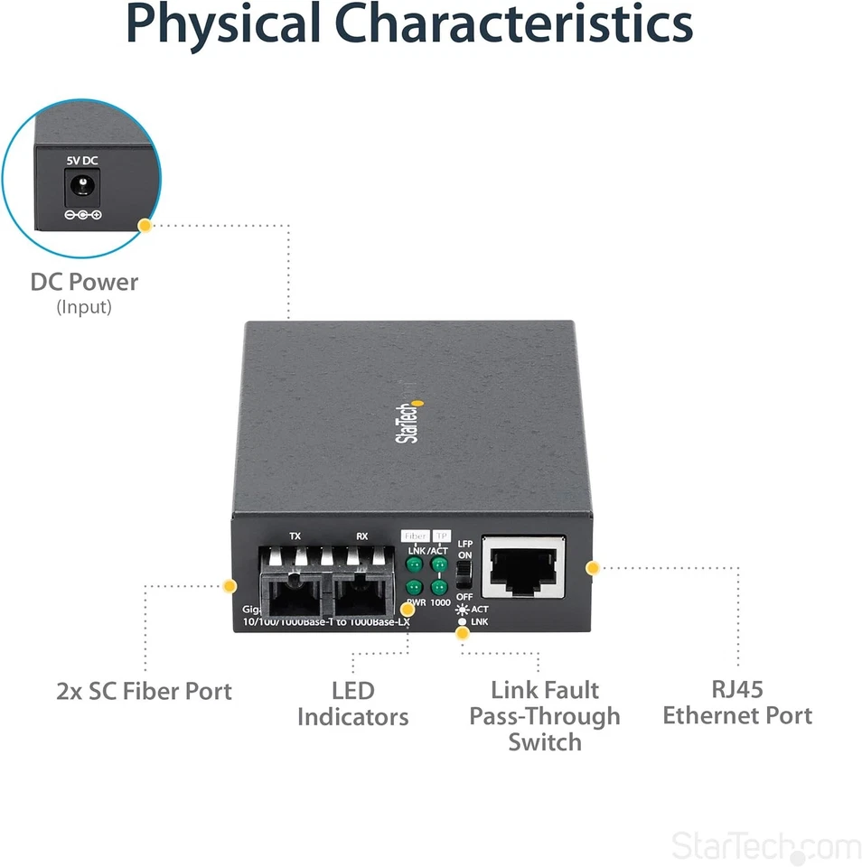 StarTech.com Singlemode (SM) SC Fiber Media Converter for 10/100/1000 Network - - Immagine 2 di 4