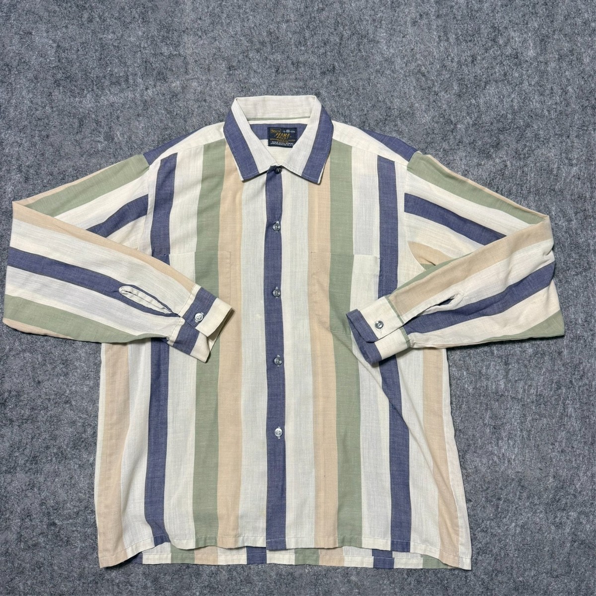 Vintage 60S 70S Sears Perma Prest Shirt Size M Colorblock Striped