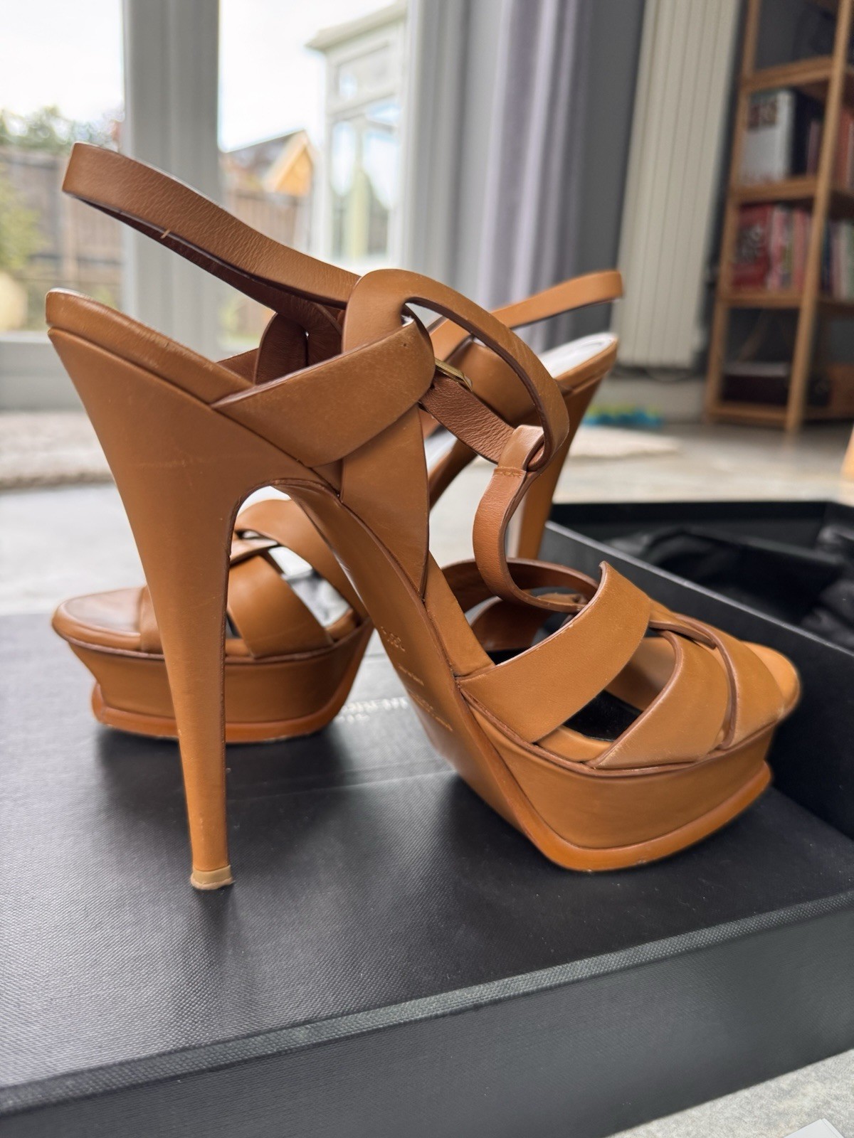 Yves Saint Laurent Tribute Light Beige T-Bar Platform Heel Sandals