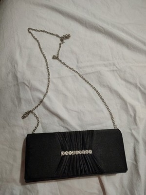 Gunne Sax by Jessica McClintock Black Rhinestone Pleated Clutch with Chain Strap