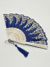 Spanish Flamenco Folding Hand Fan Blue Gold Floral Lace Style Tassel Decor